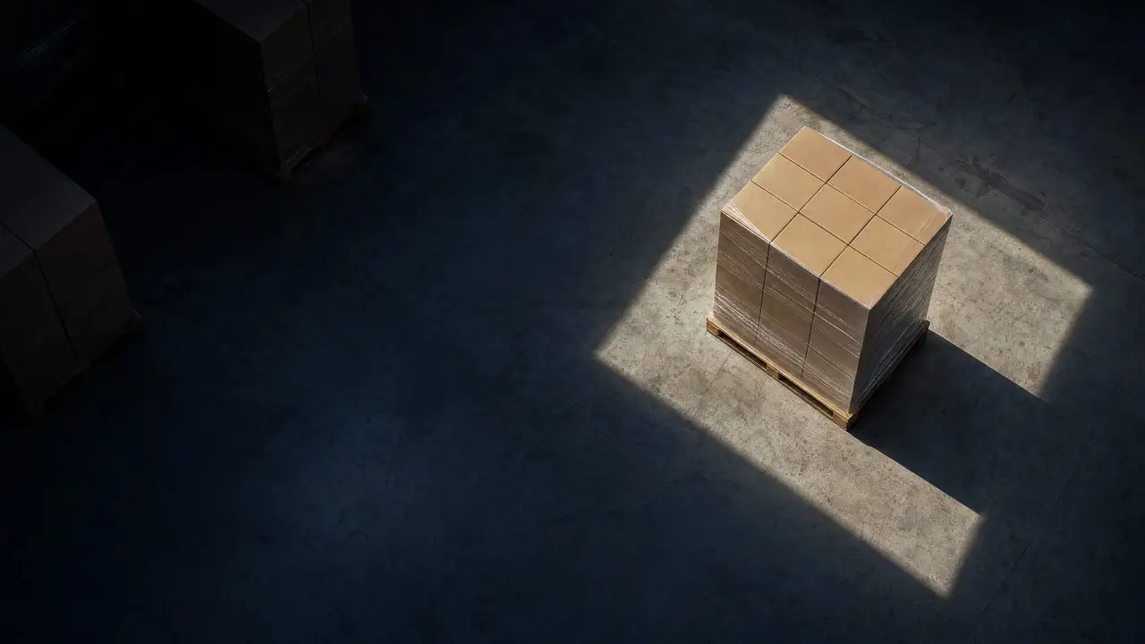 A single shrink-wrapped pallet of cartons in a square of sunlight, seen from directly above.