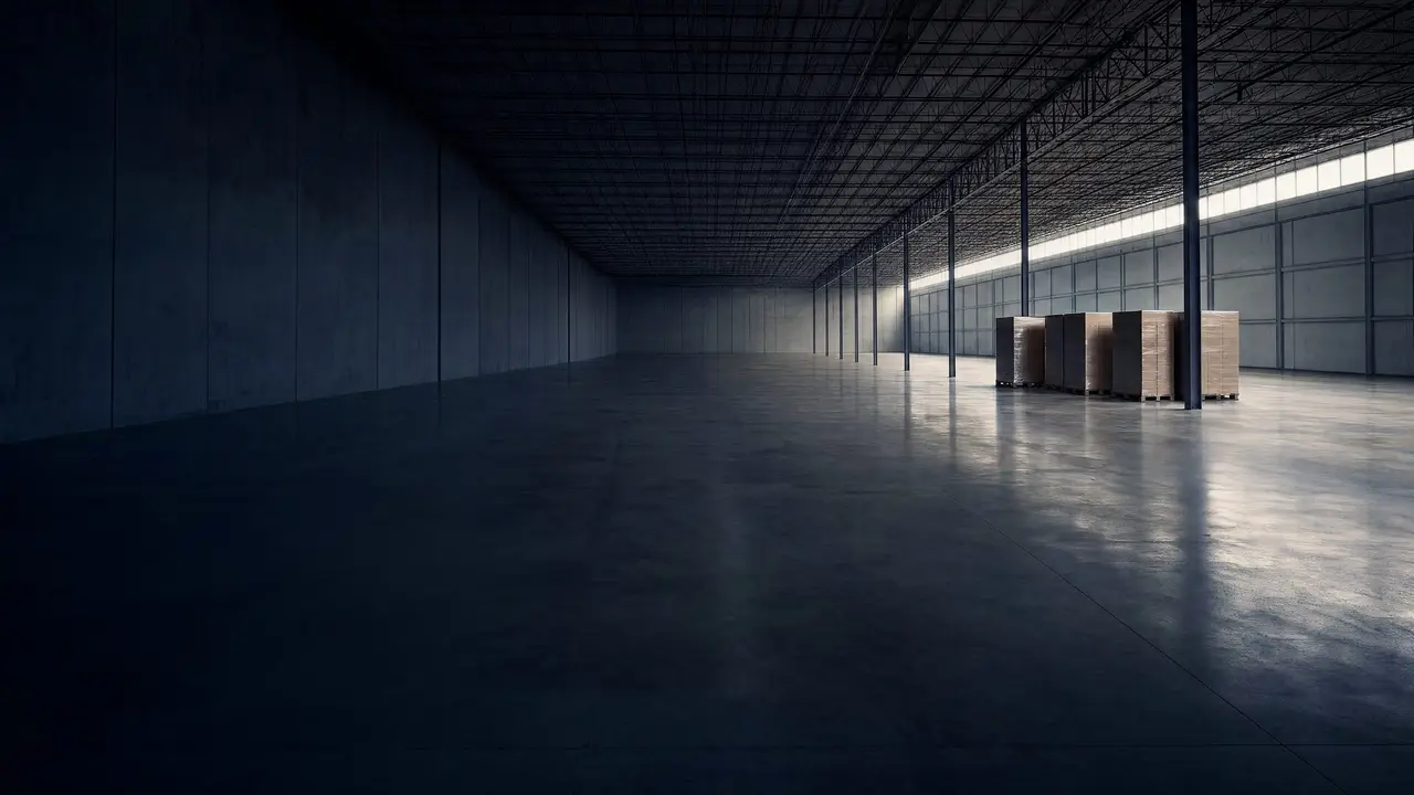 Four wrapped pallets standing far off on the floor of a vast, empty warehouse.