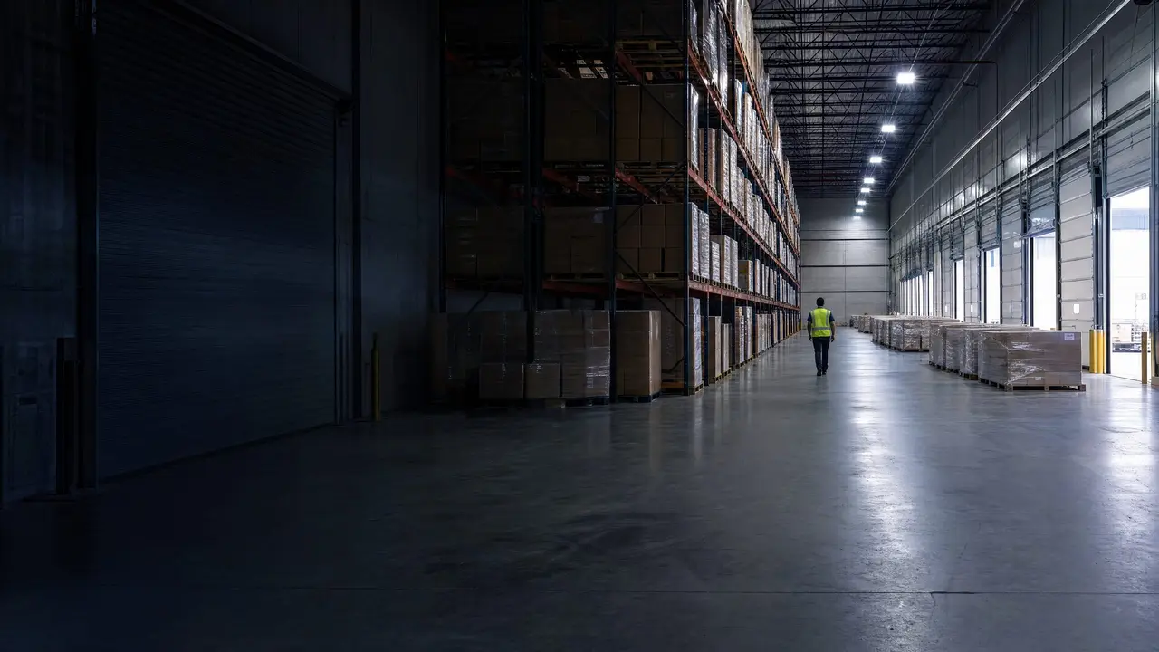 A warehouse cross-aisle with stocked pallet racking, wrapped outbound pallets and open dock doors.