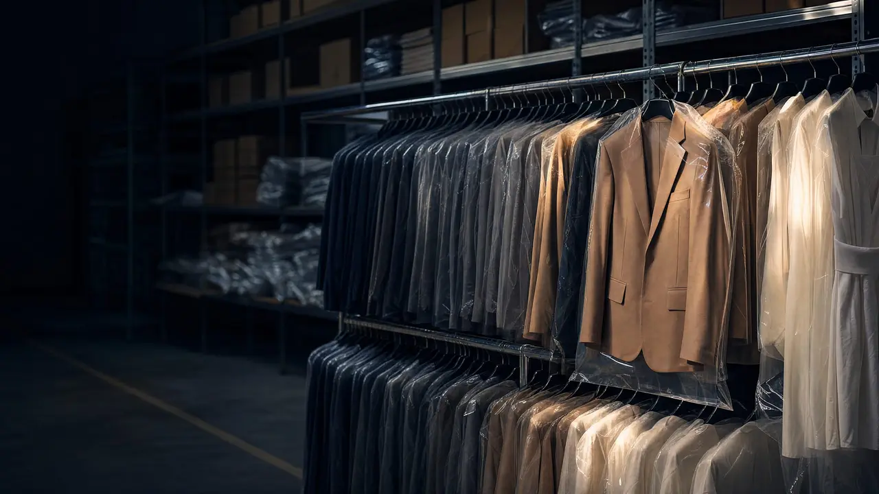 Jackets and dresses in clear garment bags on a hanging-storage rail, one pulled forward ready to pick.