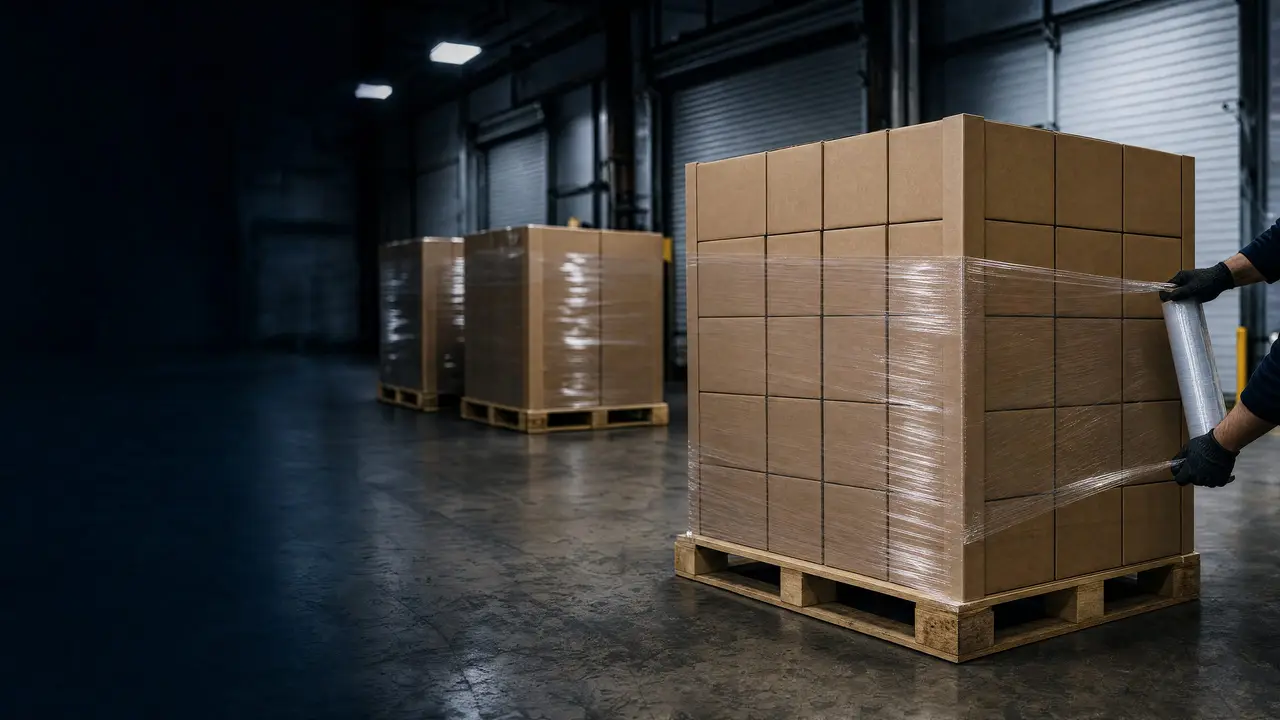 A squared pallet of plain cartons being stretch-wrapped in a warehouse staging lane, finished pallets behind it.
