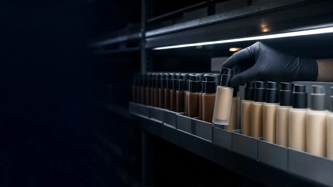 A gloved hand picking one foundation bottle from a row of shelf bins sorted by shade.