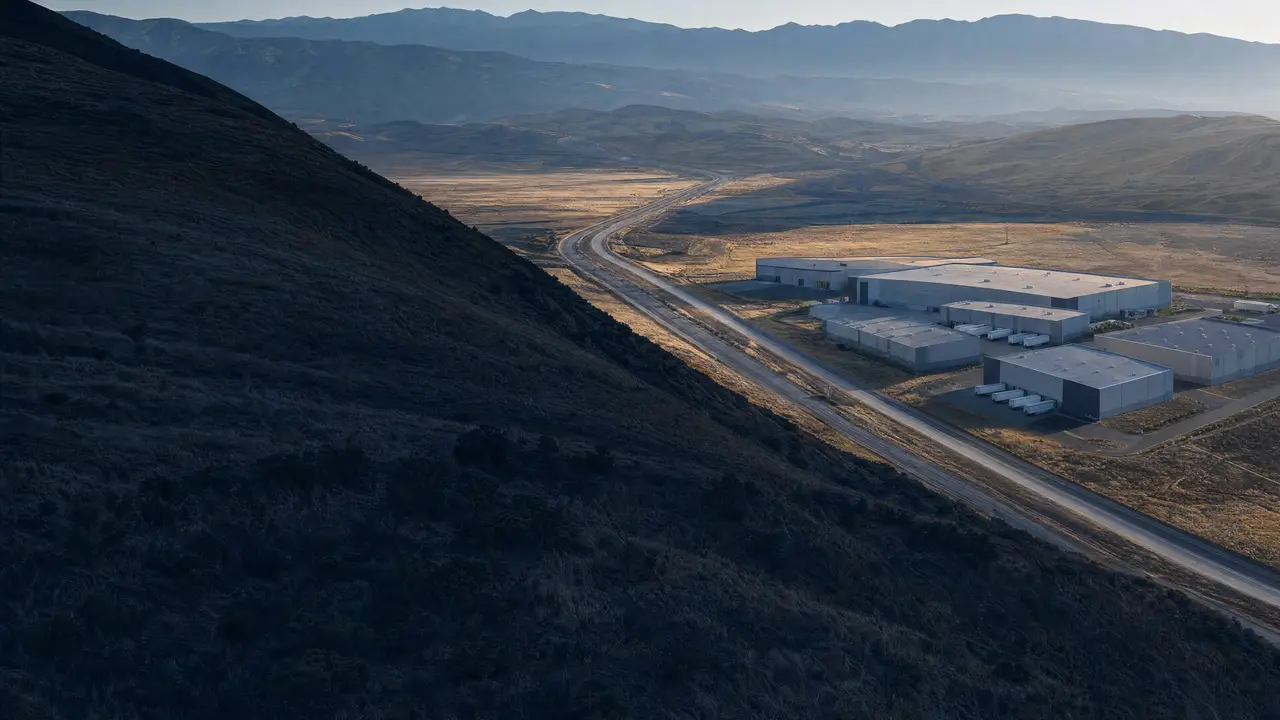 A cluster of warehouses beside an empty interstate in a broad, dry valley in early-morning sun.