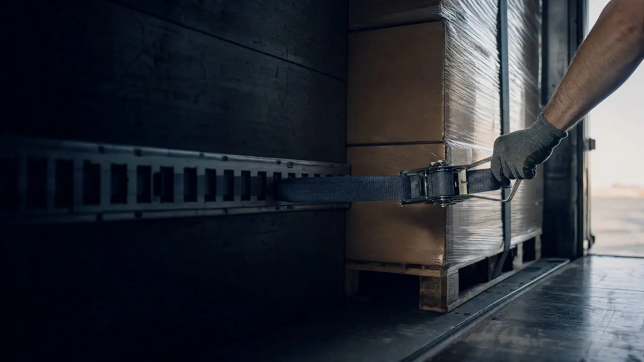 A gloved hand tightening a cargo strap across wrapped pallets inside a box truck.
