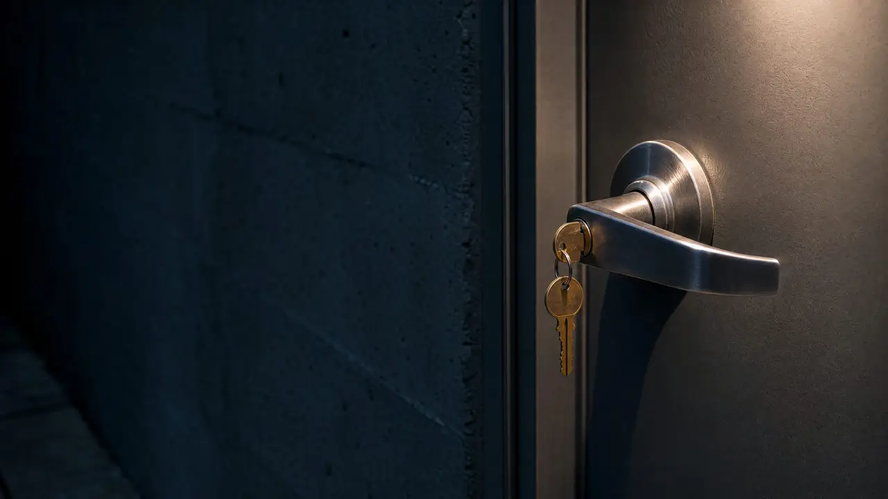 A brass key in the lock of a steel door handle, lit by a small light at night.