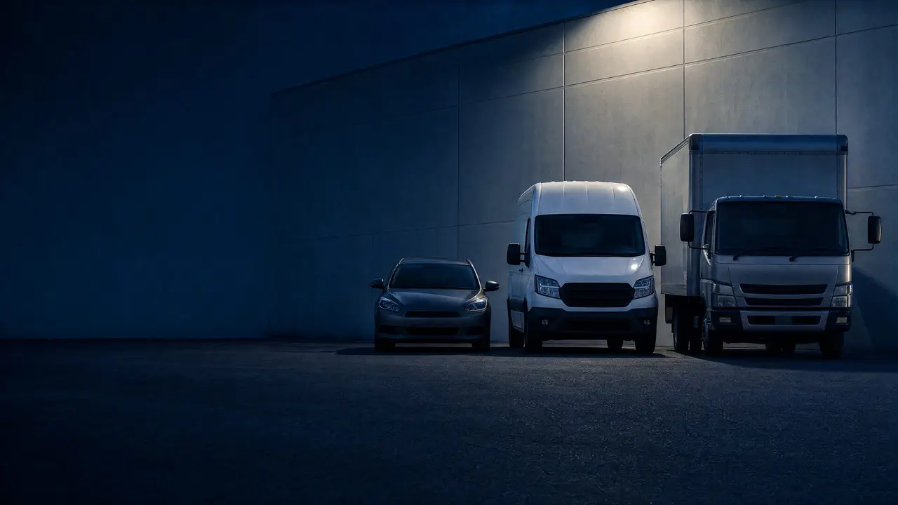 A compact car, a cargo van and a box truck side by side at dusk.