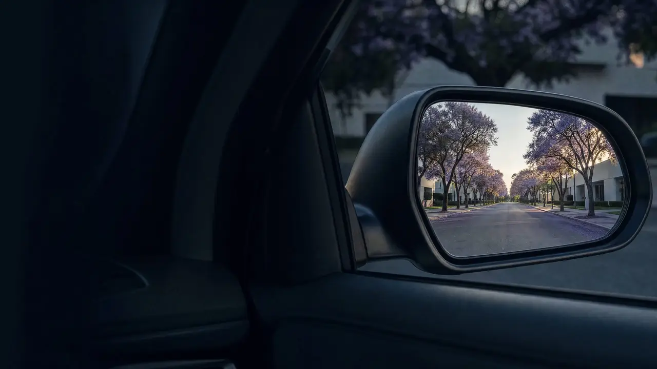 A car's side mirror reflecting an empty street lined with flowering jacaranda trees, seen from the driver's seat.