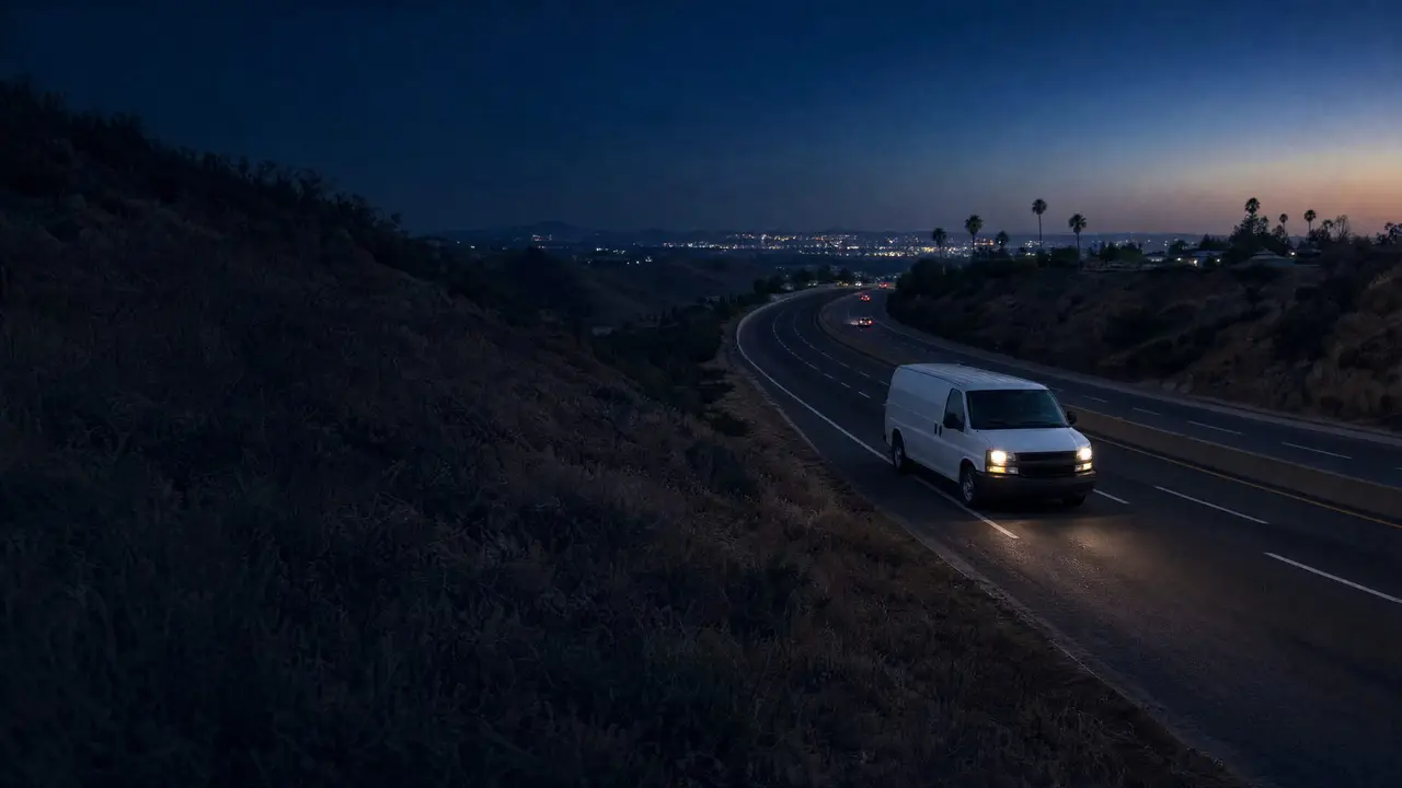 A plain white cargo van on a freeway through dark, dry hills at blue hour, distant valley lights beyond.
