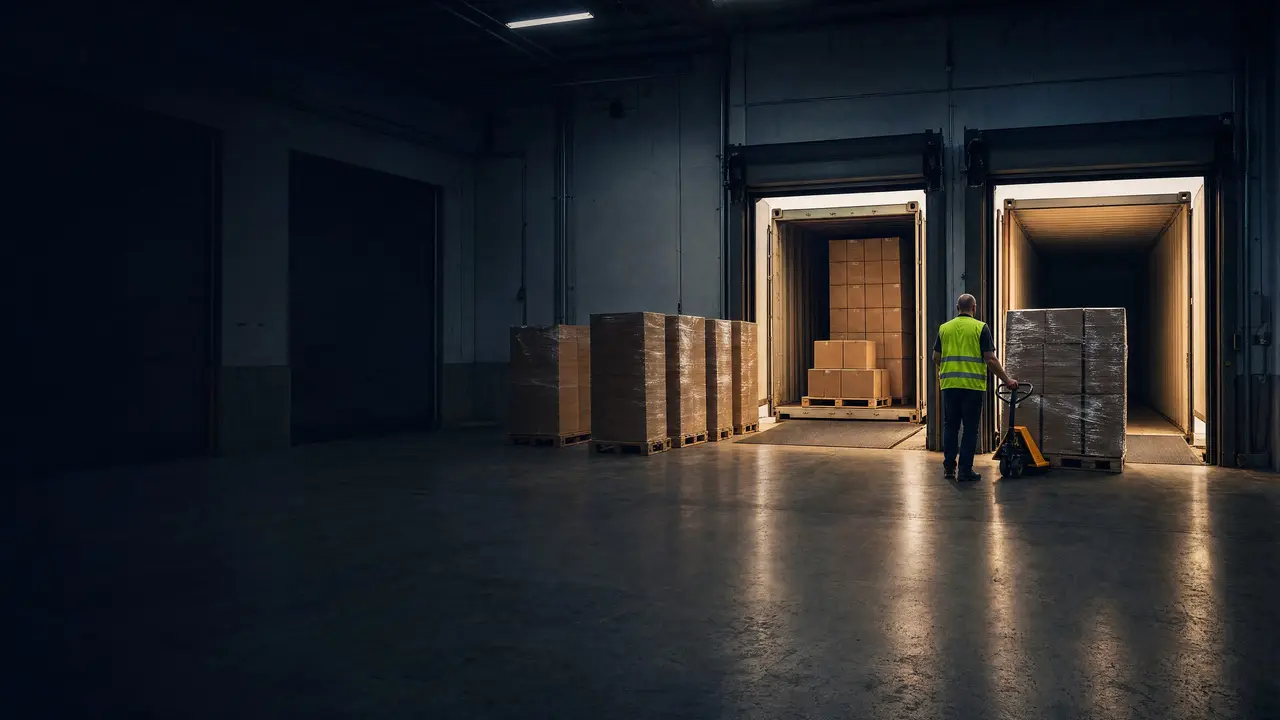 A cross-dock floor with an ocean container of loose cartons and a trailer taking its first wrapped pallet.