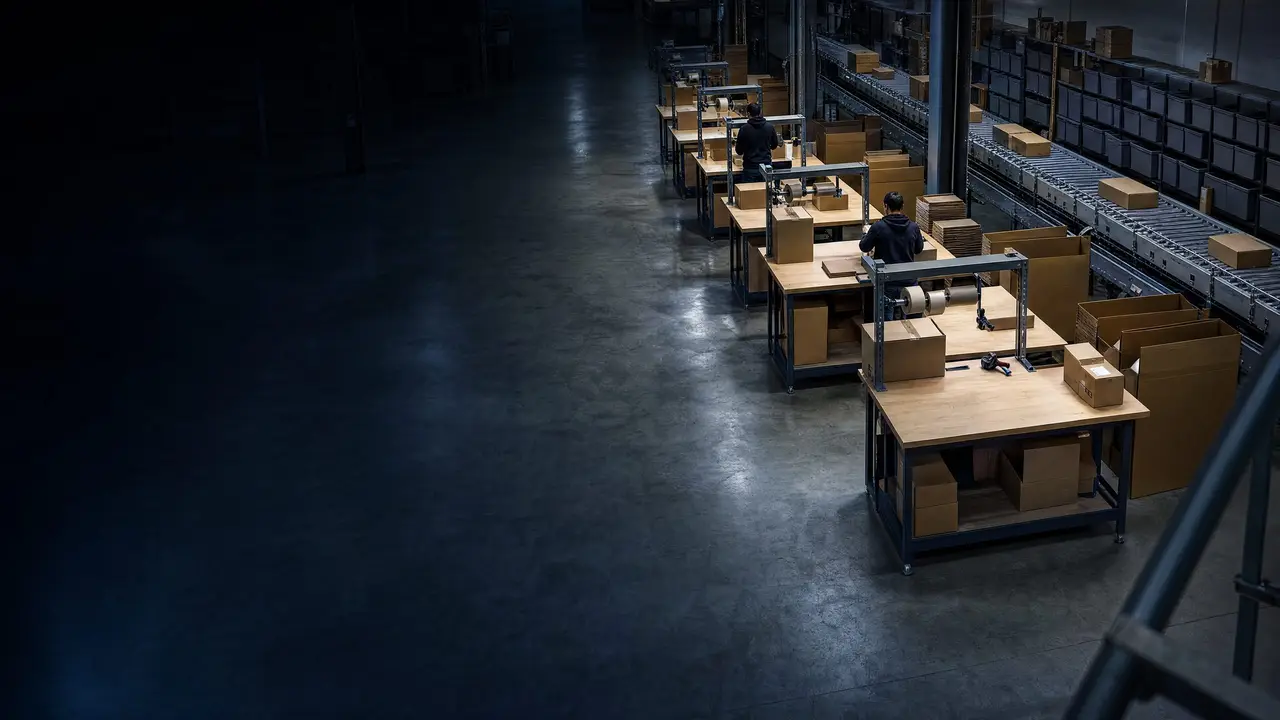 Wide view of an ecommerce fulfillment center floor with pack stations and sealed parcels on a roller conveyor.