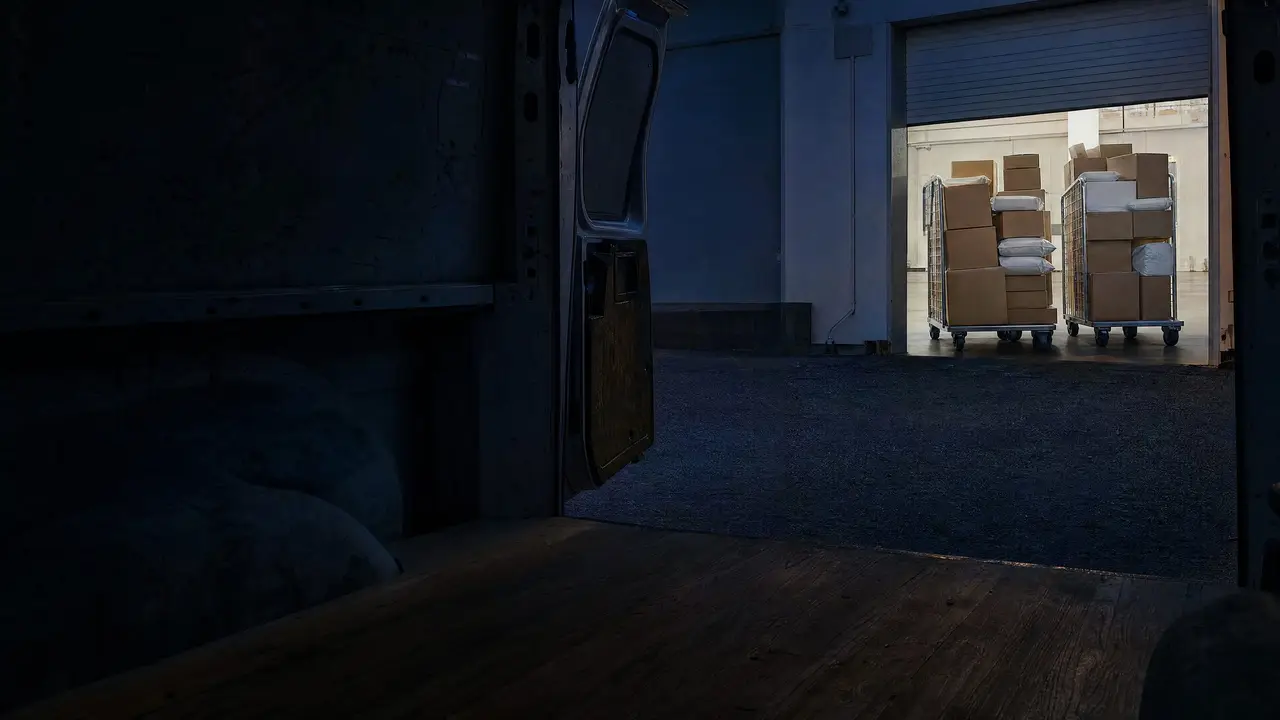 Wire carts of sealed ecommerce parcels in a lit warehouse doorway, seen from inside a delivery van at dusk.