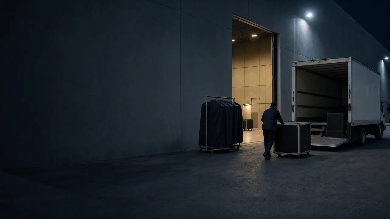 Road cases and a covered wardrobe rack being loaded from a soundstage door into a box truck at night.