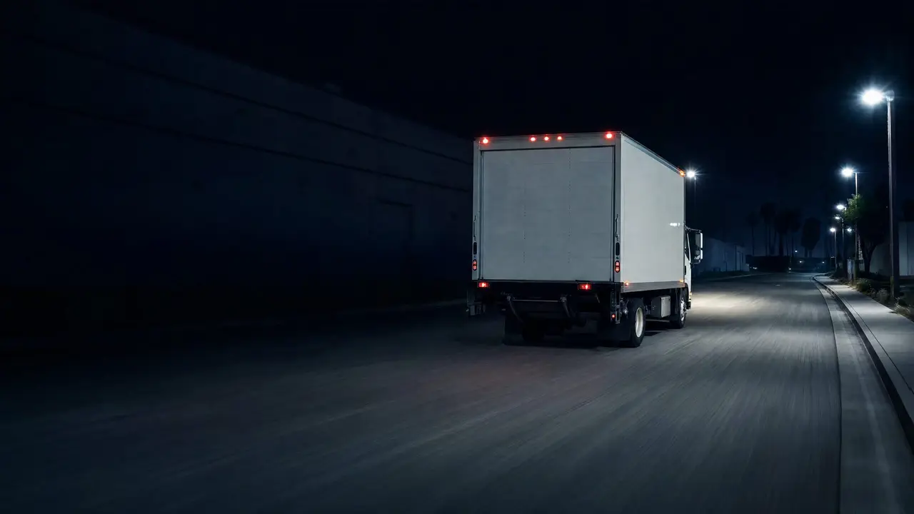 A white box truck speeds away down an empty industrial street at night.