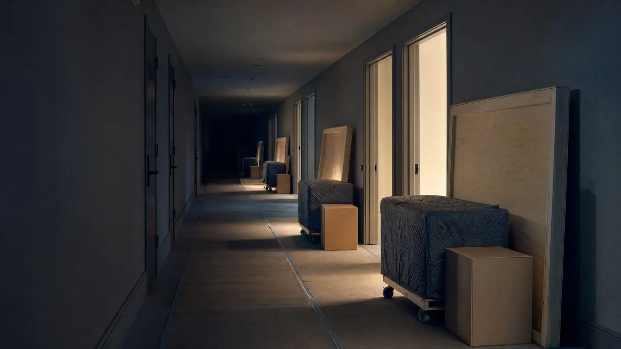 Crated and blanket-wrapped hotel furniture staged outside guest rooms in a corridor during fit-out.