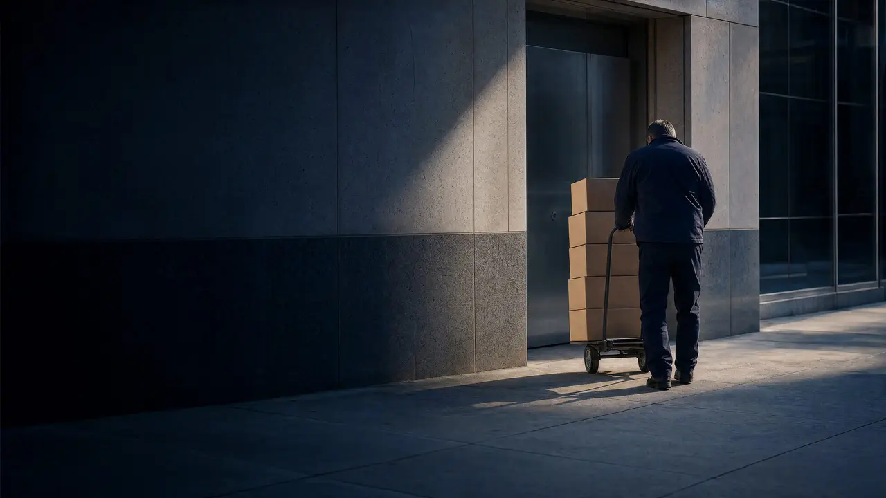 A driver seen from behind wheels a hand truck of plain cartons to an office building's door in morning sun.