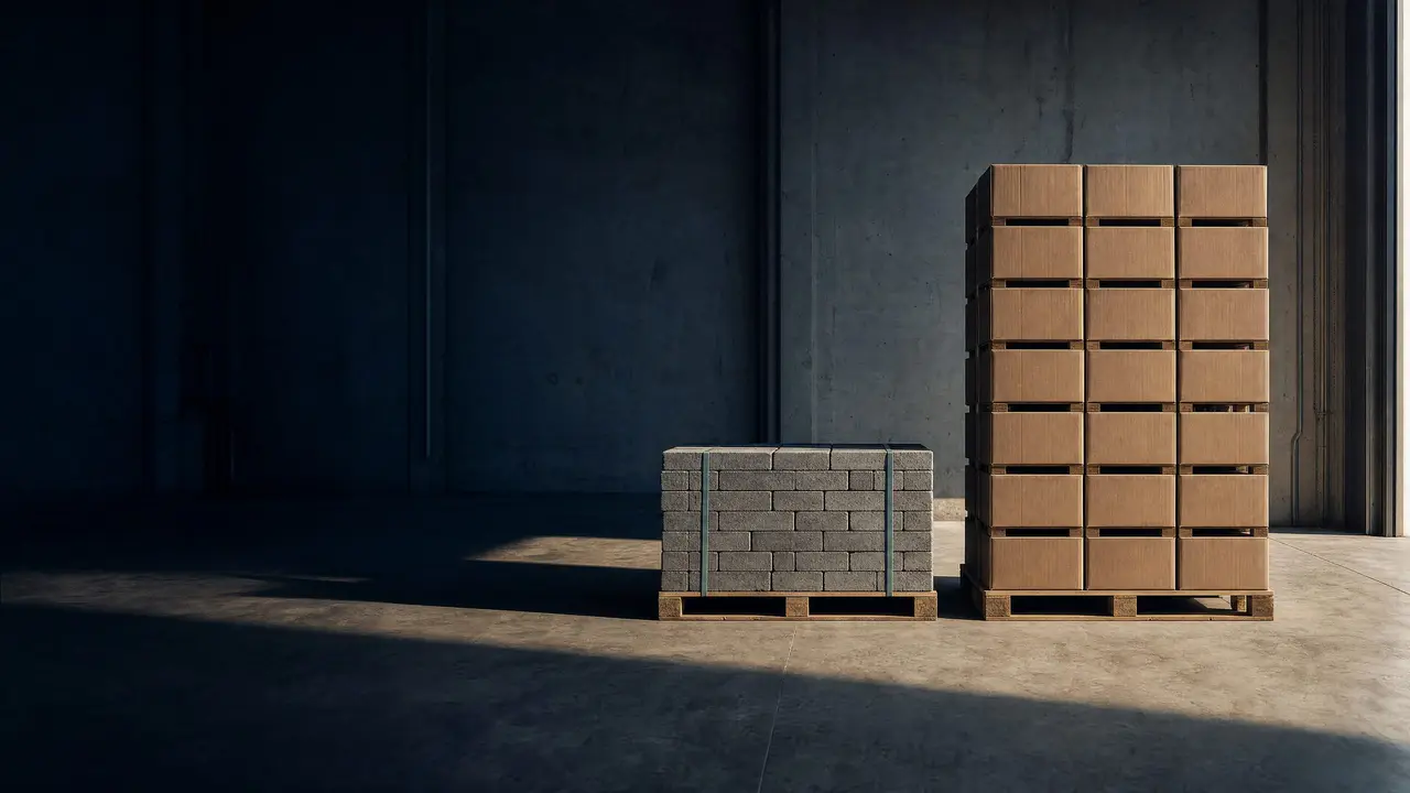 A short, dense pallet of stone pavers beside a tall pallet of light cartons on the same footprint.