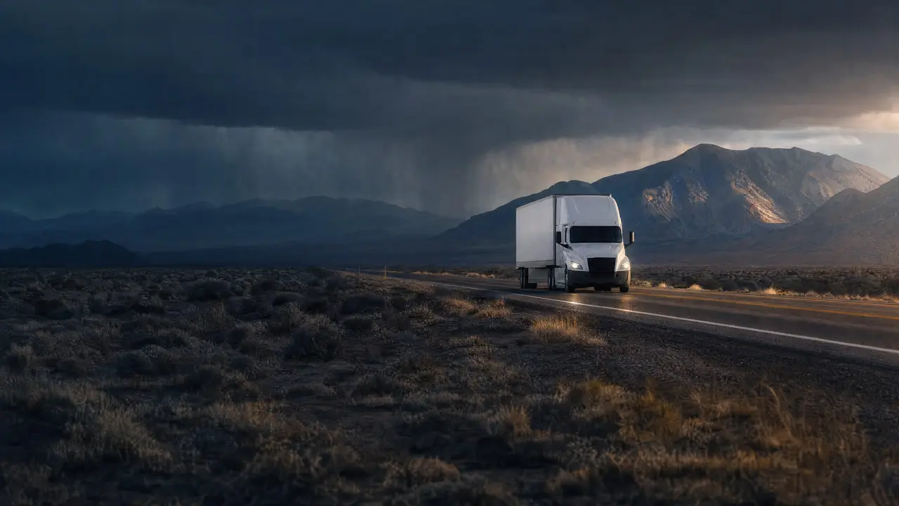 A white tractor-trailer on a straight desert highway under dark storm clouds.