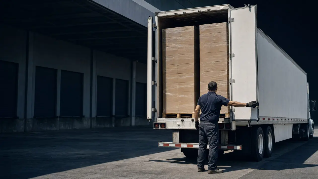 A full truckload of wrapped pallets in a dry van trailer as the driver prepares to close the doors.