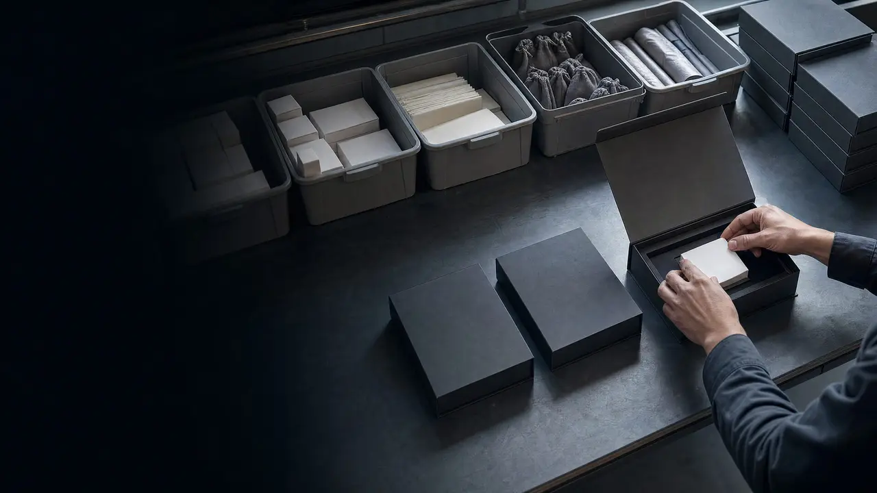 Hands assembling a gift set from bins of sorted components, with finished kits stacked at the end of the bench.