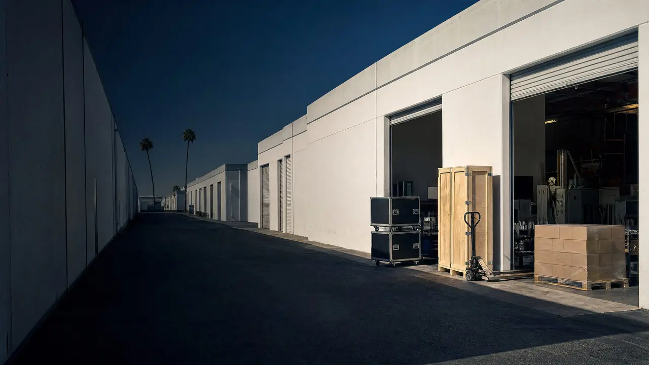 Road cases, a wooden crate and a wrapped pallet waiting outside a business park unit in morning light.