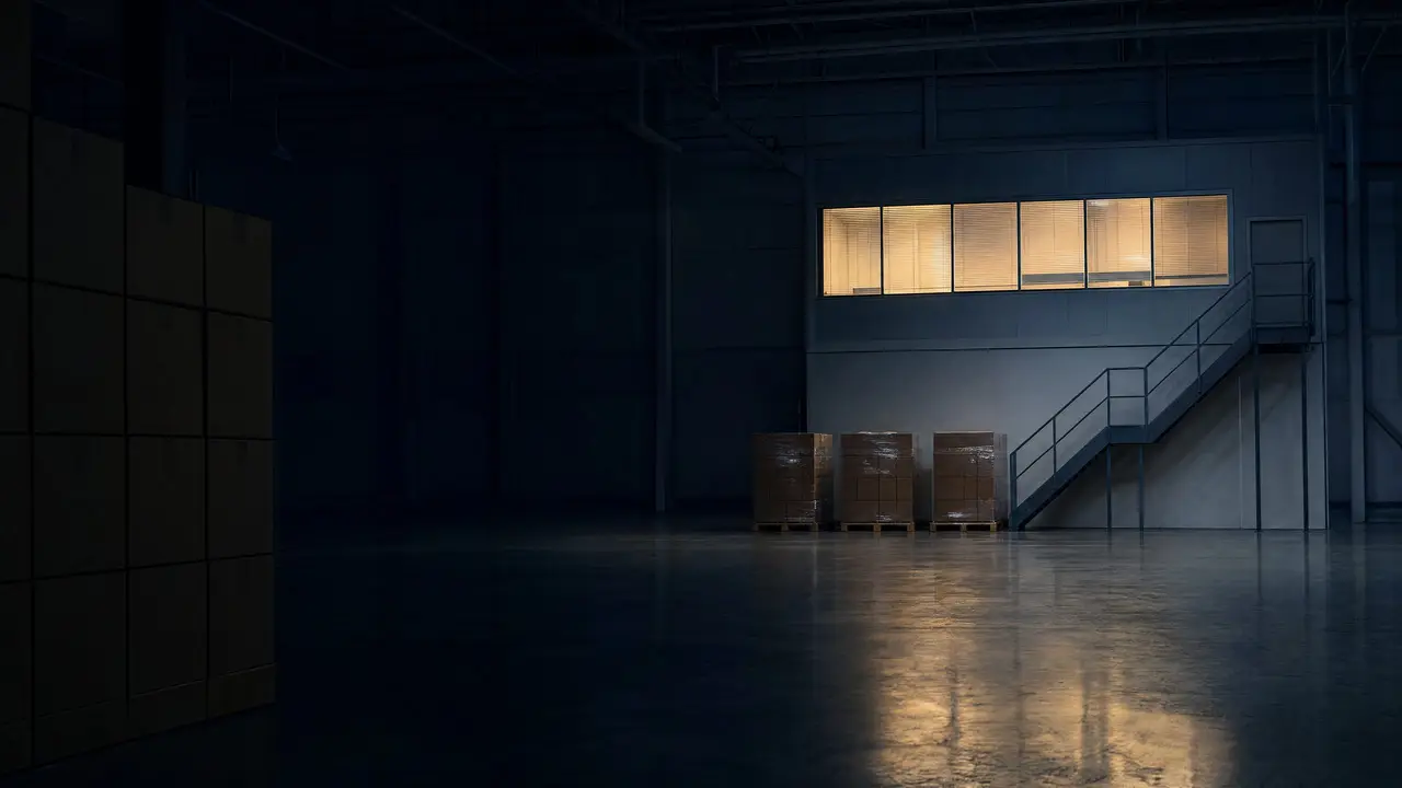 A small office window glowing above a dark, quiet warehouse floor in the early morning.