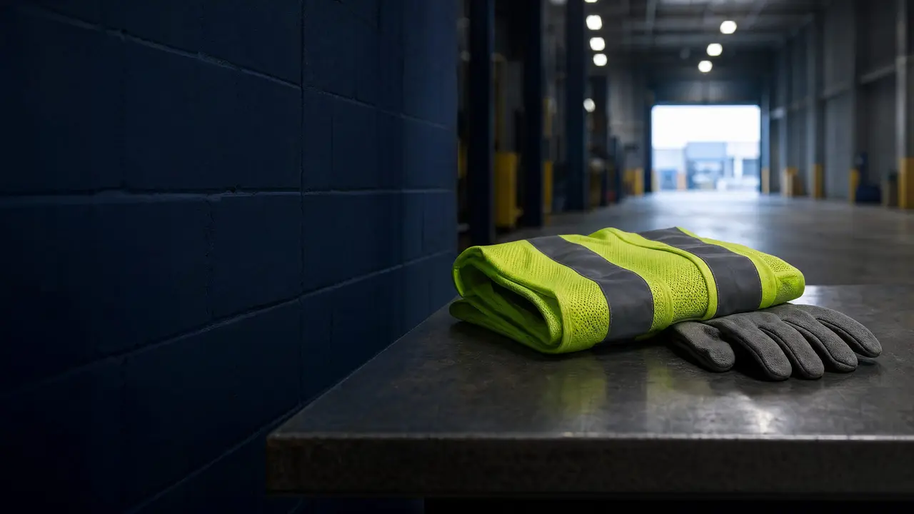 A folded safety vest and work gloves on a steel bench in a quiet warehouse in early morning light.