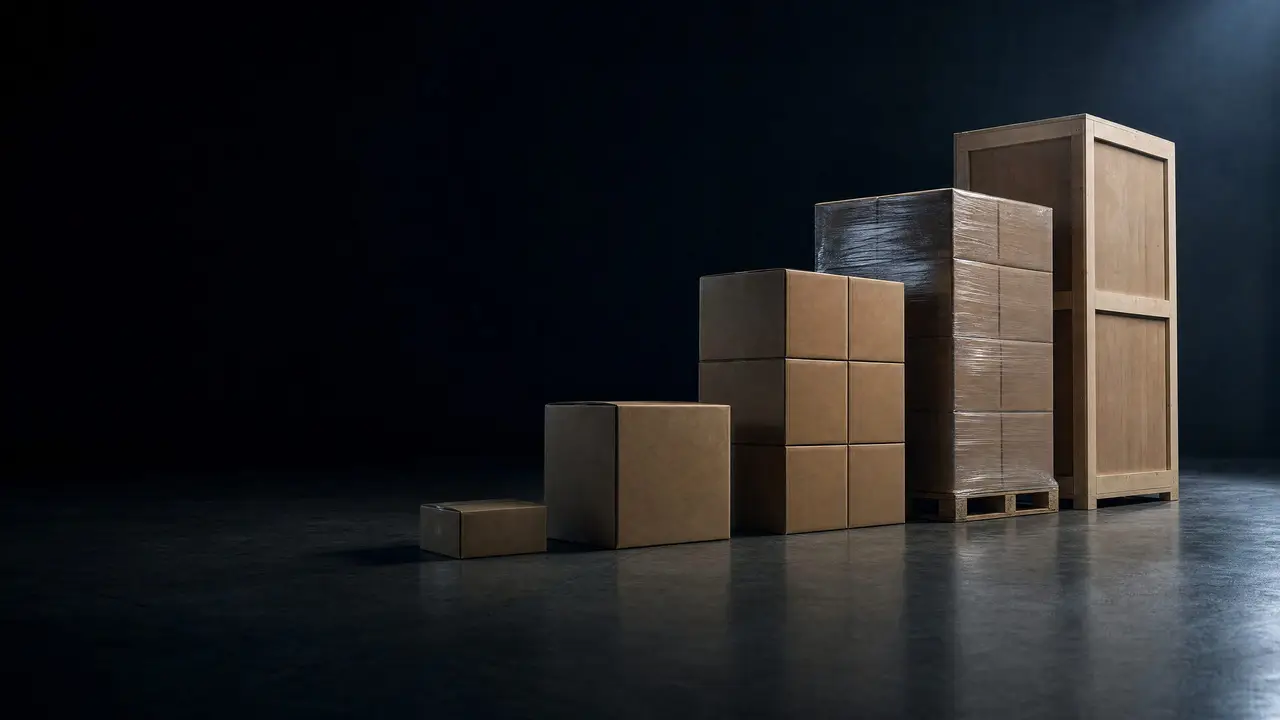 A line of shipments from a small parcel to a pallet and a tall crate on a warehouse floor.