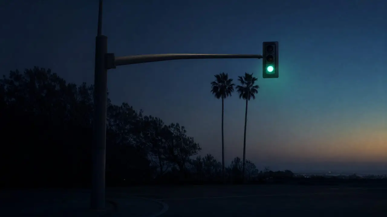 A traffic signal glowing green over an empty intersection at dusk, with palms in silhouette behind.