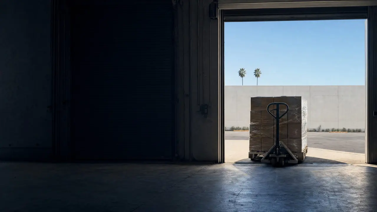 A wrapped pallet on a pallet jack by an open dock door, a sunlit truck court and palms outside.