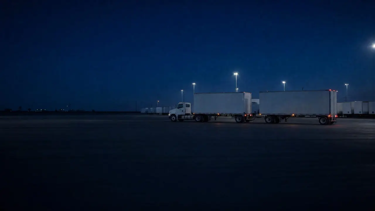 A tractor pulling two short LTL trailers across a freight terminal yard at dusk.