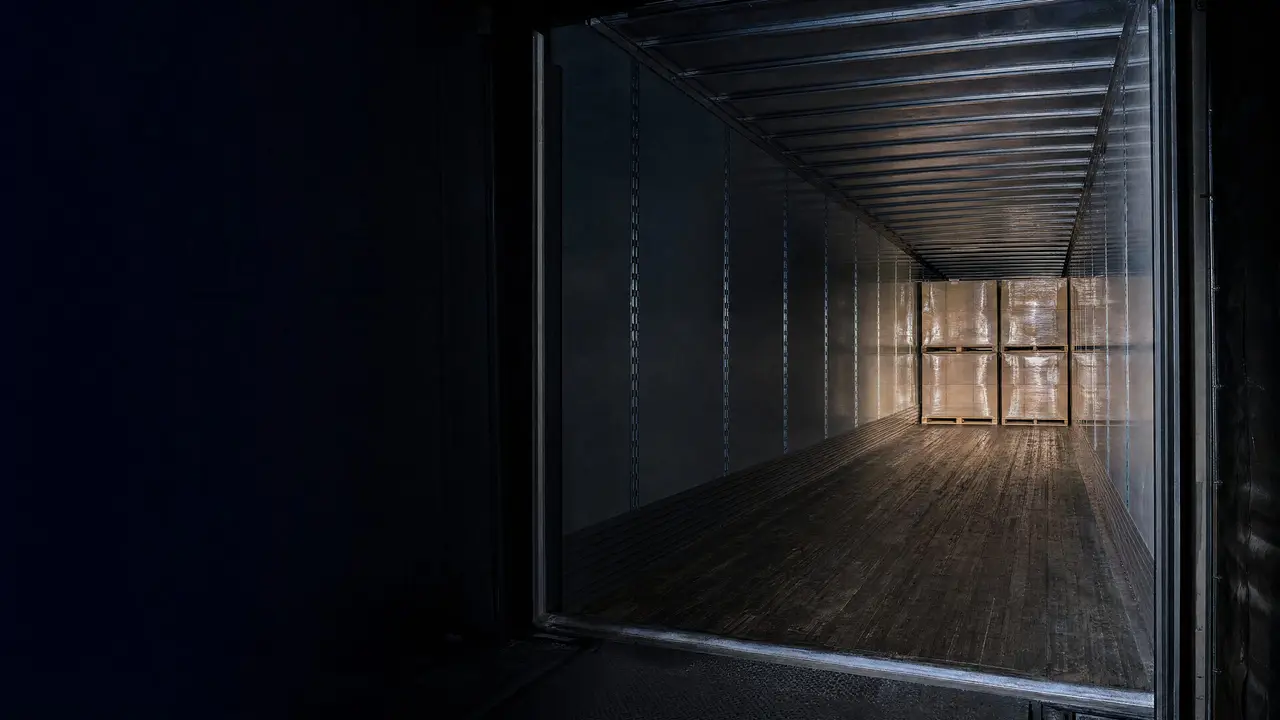 Six wrapped pallets at the far end of an otherwise empty trailer, seen from the dock.