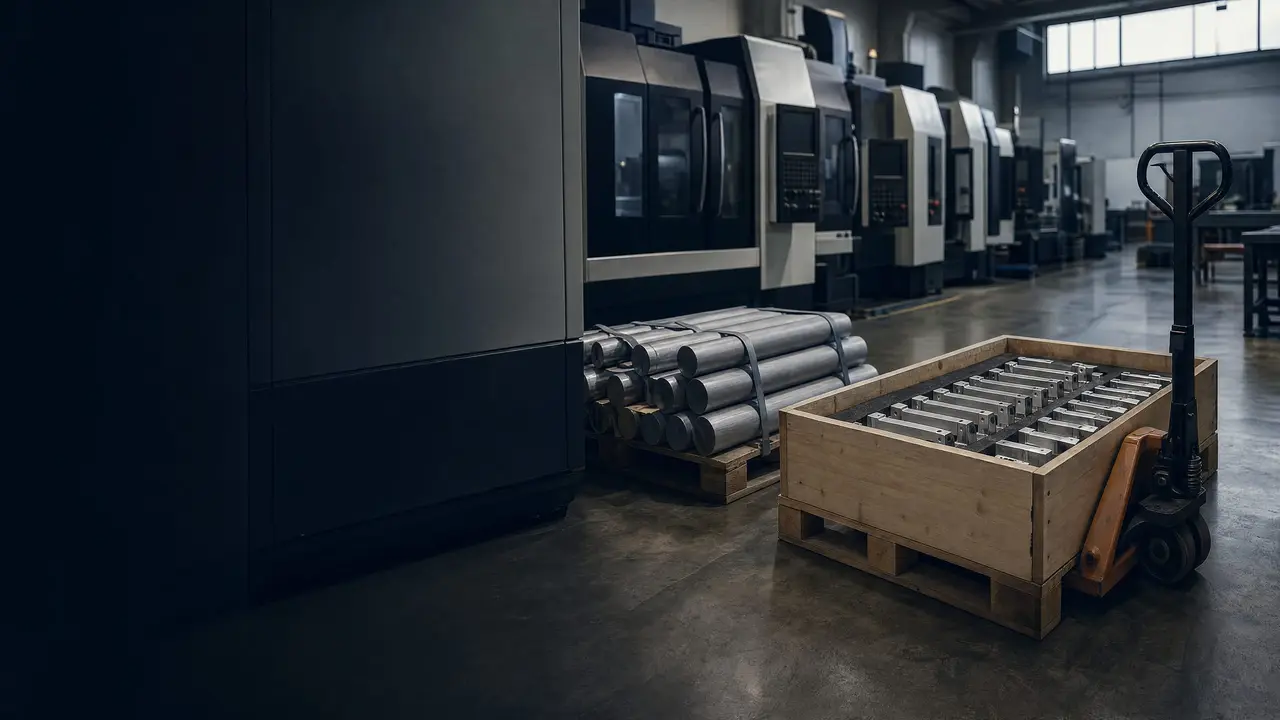 A delivered crate of machined parts and a pallet of bar stock between CNC machines in a machine shop.