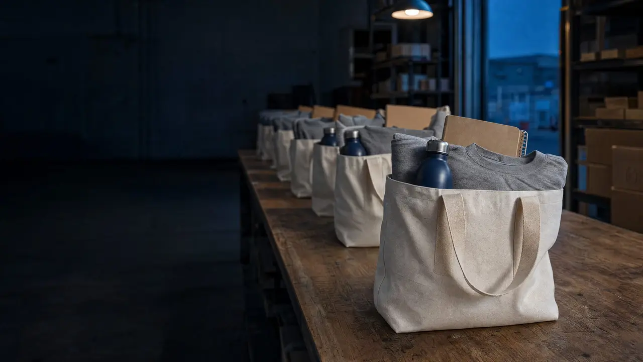 Plain canvas tote kits with T-shirts, water bottles and notebooks lined up along a long packing table.