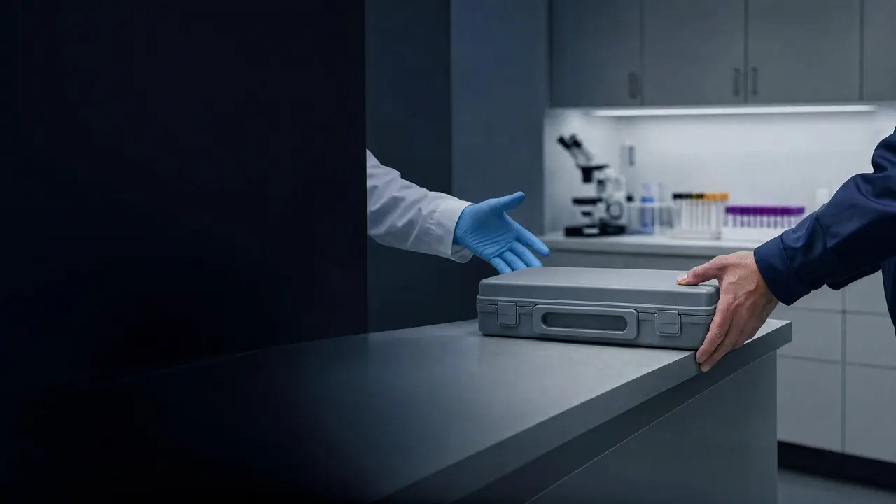 A courier hands a plain gray specimen transport case to a lab technician's gloved hand at a bench.