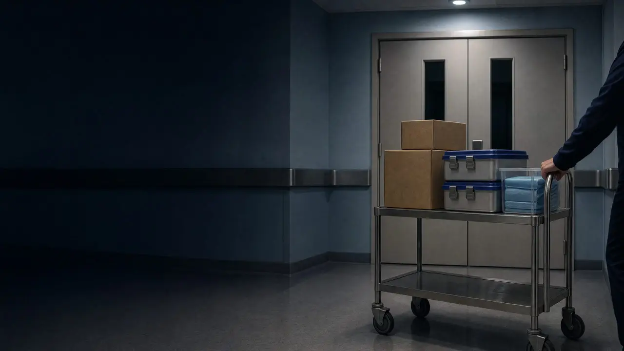 A stainless cart of sealed medical supply cartons and instrument containers at hospital service doors.