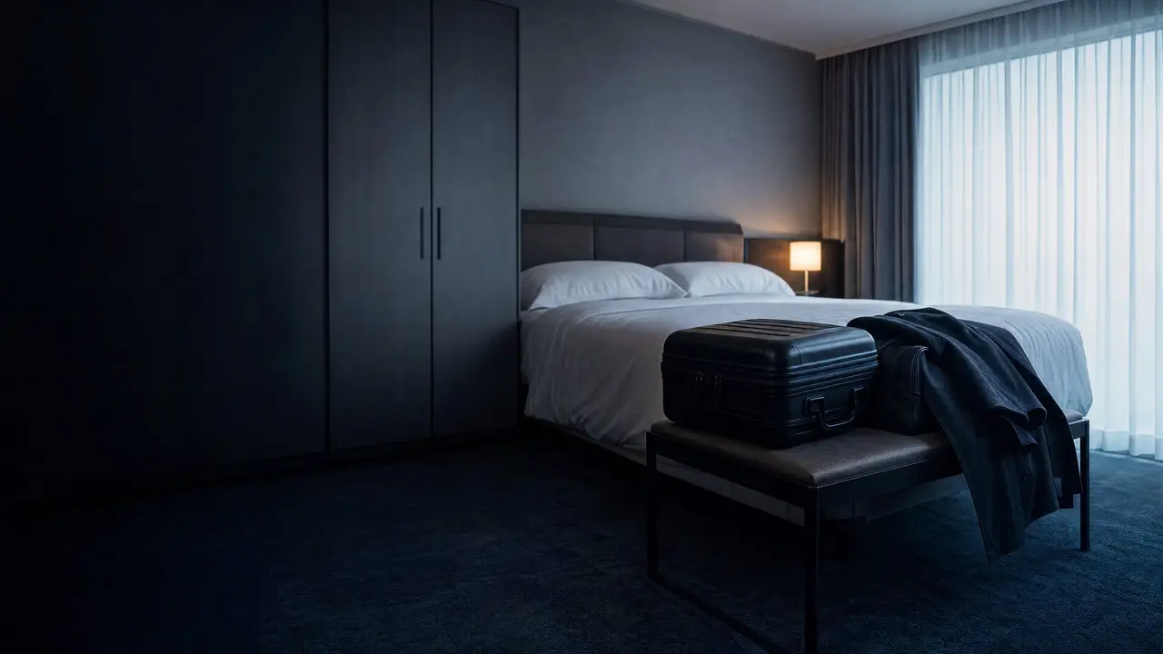 A hard-shell case and a carry-on bag ready on a luggage bench in a hotel room at first light.