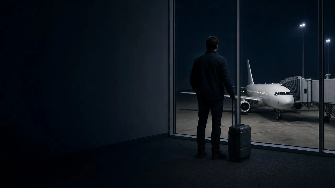 A traveler seen from behind waits at a departure gate at night with a hard-shell case, an unmarked jet outside.
