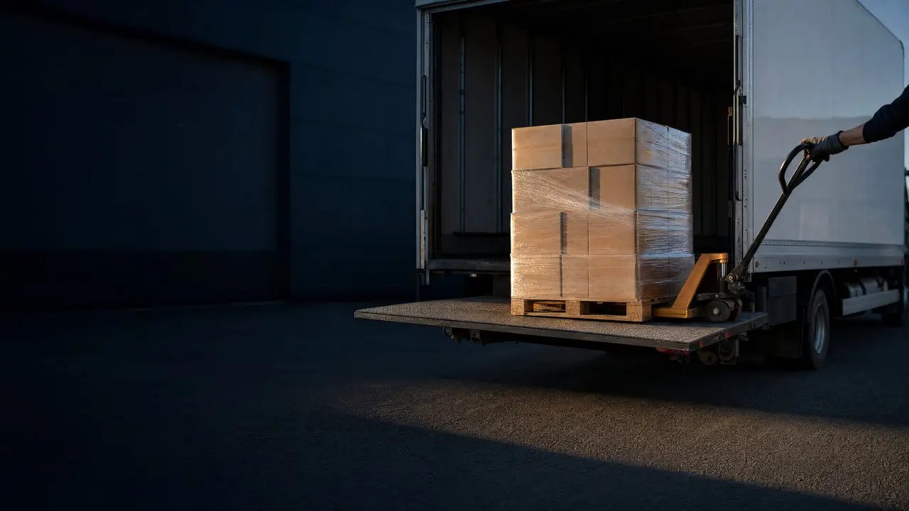 A wrapped pallet riding a box truck's liftgate down to the pavement, a pallet jack beneath it.