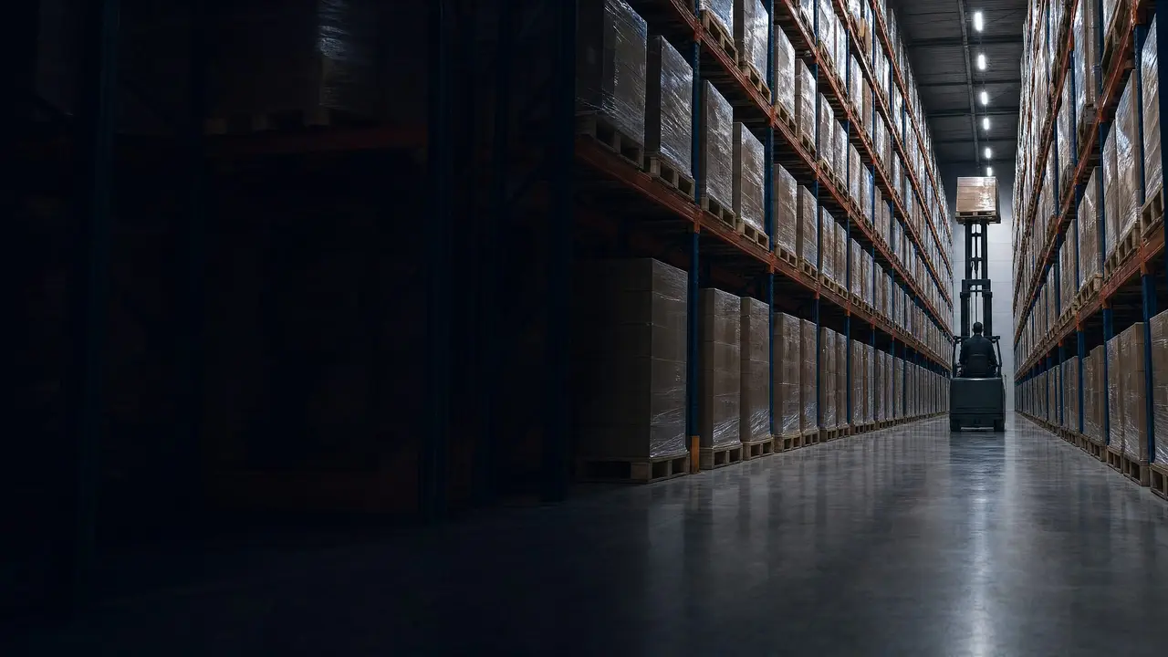 A long aisle of tall pallet storage racking, every position full, a forklift lifting a pallet at the far end.