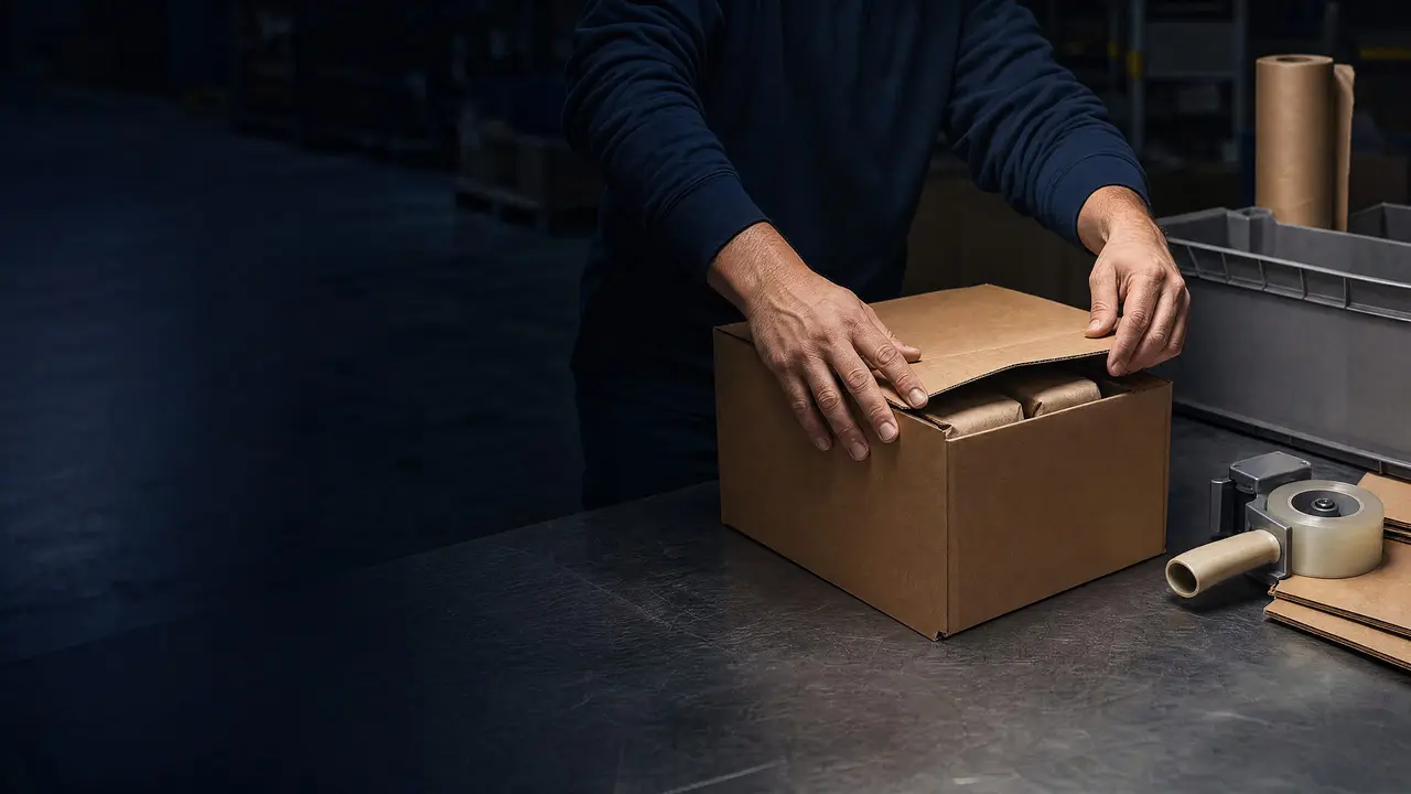 A packer's hands closing a plain brown carton at a pack station beside an empty picking tote.