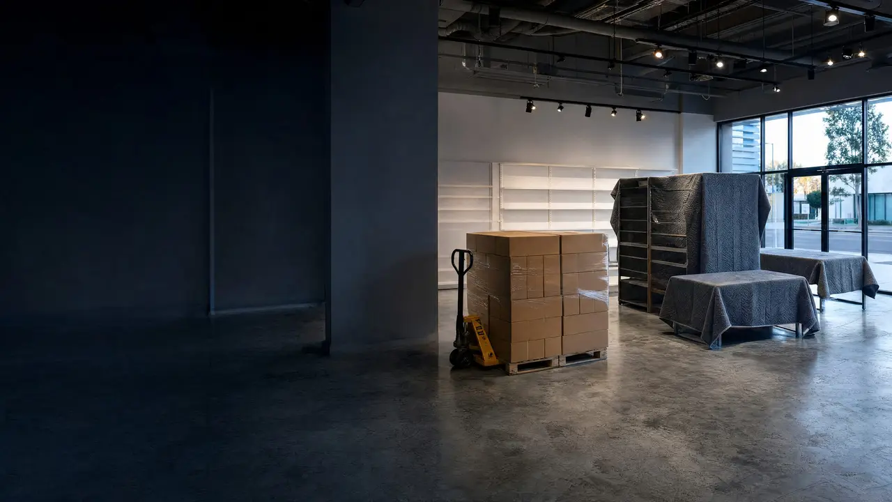 A shrink-wrapped pallet of cartons and pad-wrapped display fixtures on the floor of an empty store.