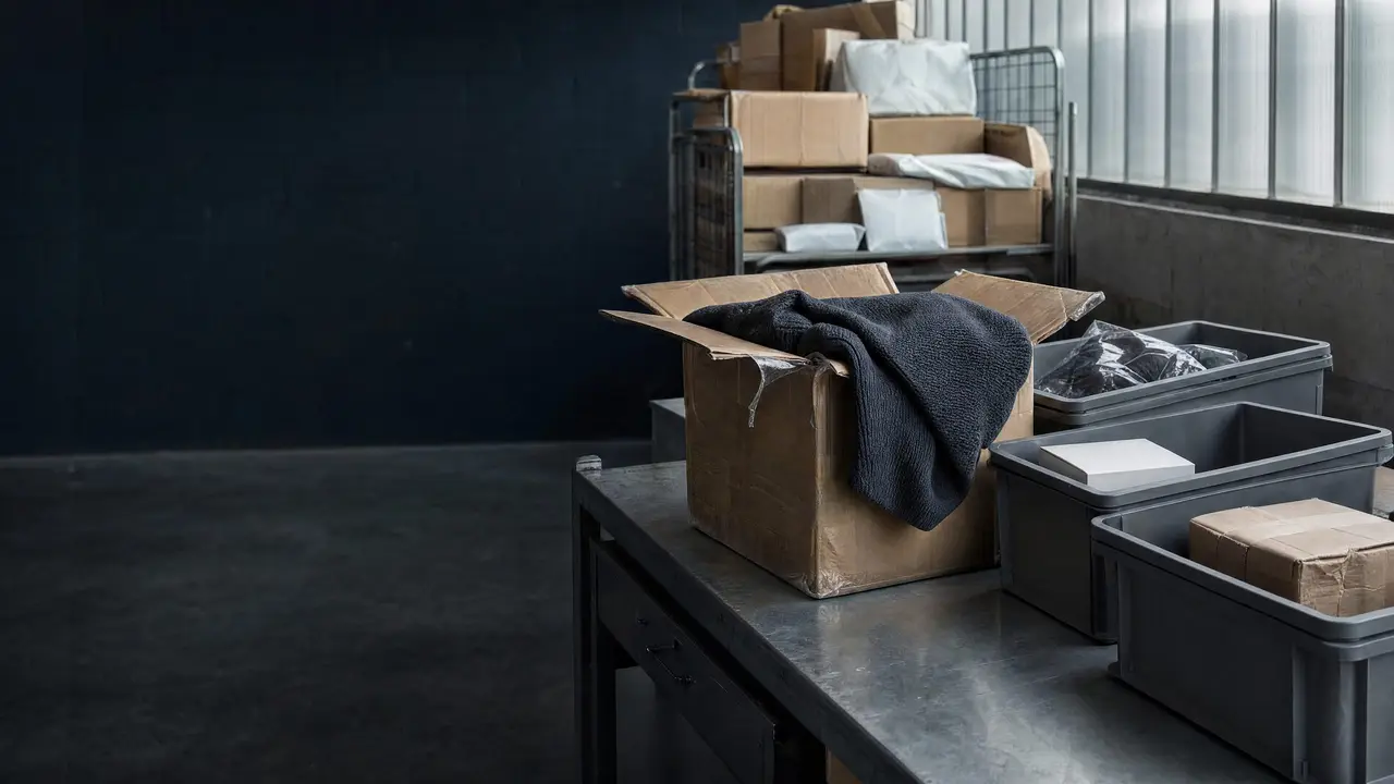 A returned sweater draped over its opened mailer box at a returns bench beside grading totes.