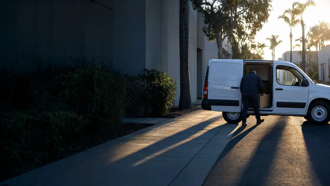 A courier sets a small sealed carton into a white van's open side door at the curb in late sun.