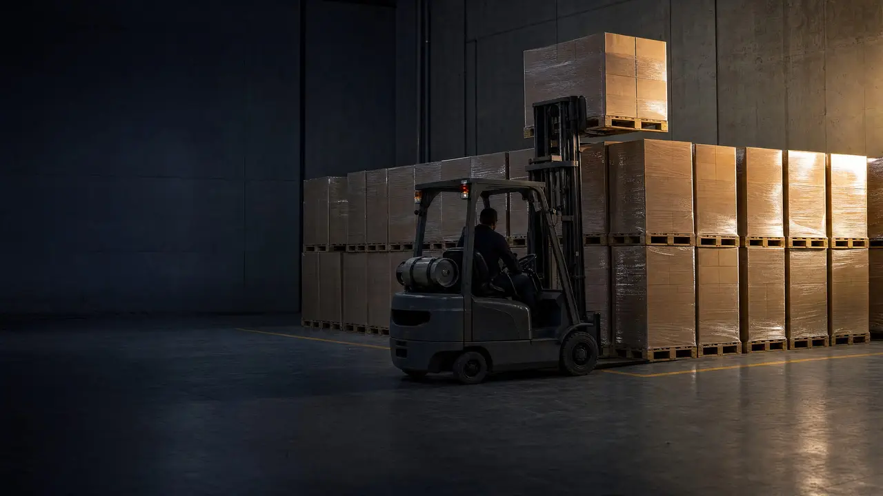 A forklift setting a wrapped pallet onto a block of floor-stacked overflow pallets inside a taped-off warehouse bay.