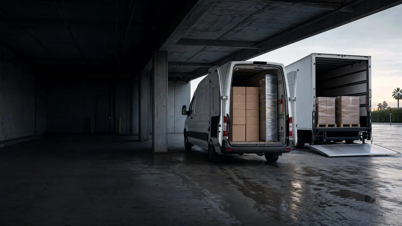 A white Sprinter-size high-roof van loaded with cartons, rear doors open, and a box truck with its liftgate down.