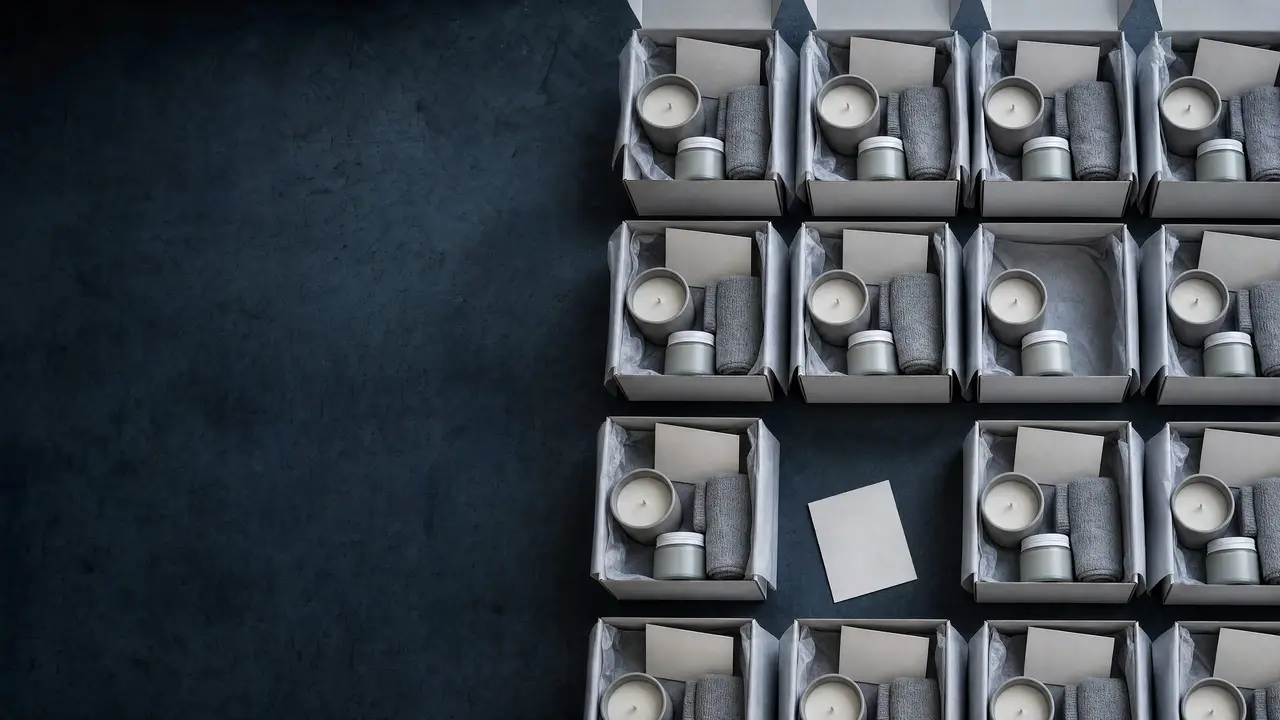 Overhead view of identical open subscription boxes with tissue and matching items, one still waiting for its card.