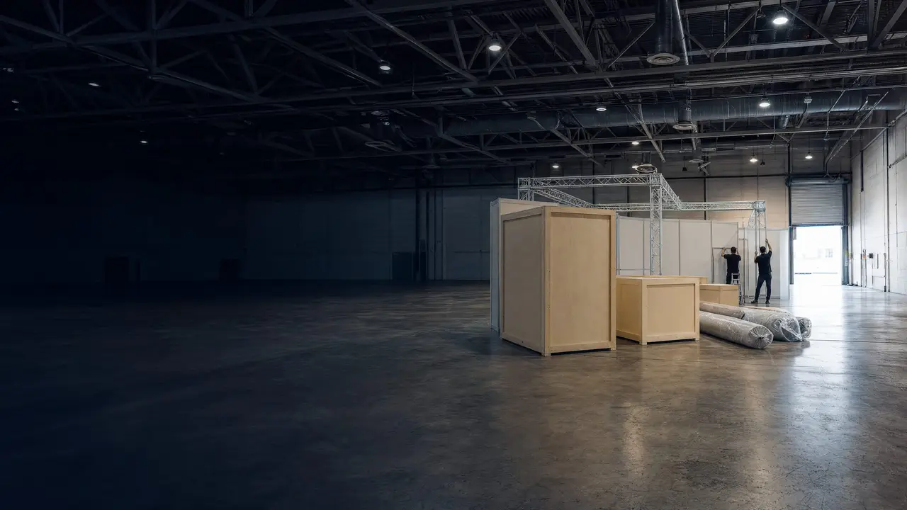 Exhibit crates and half-built booth frames on an exhibition hall floor during move-in, a freight door open beyond.