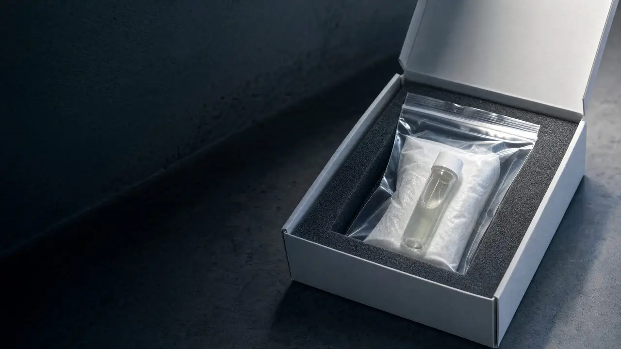 A capped specimen tube in an absorbent pad, sealed in a clear bag inside a rigid box.