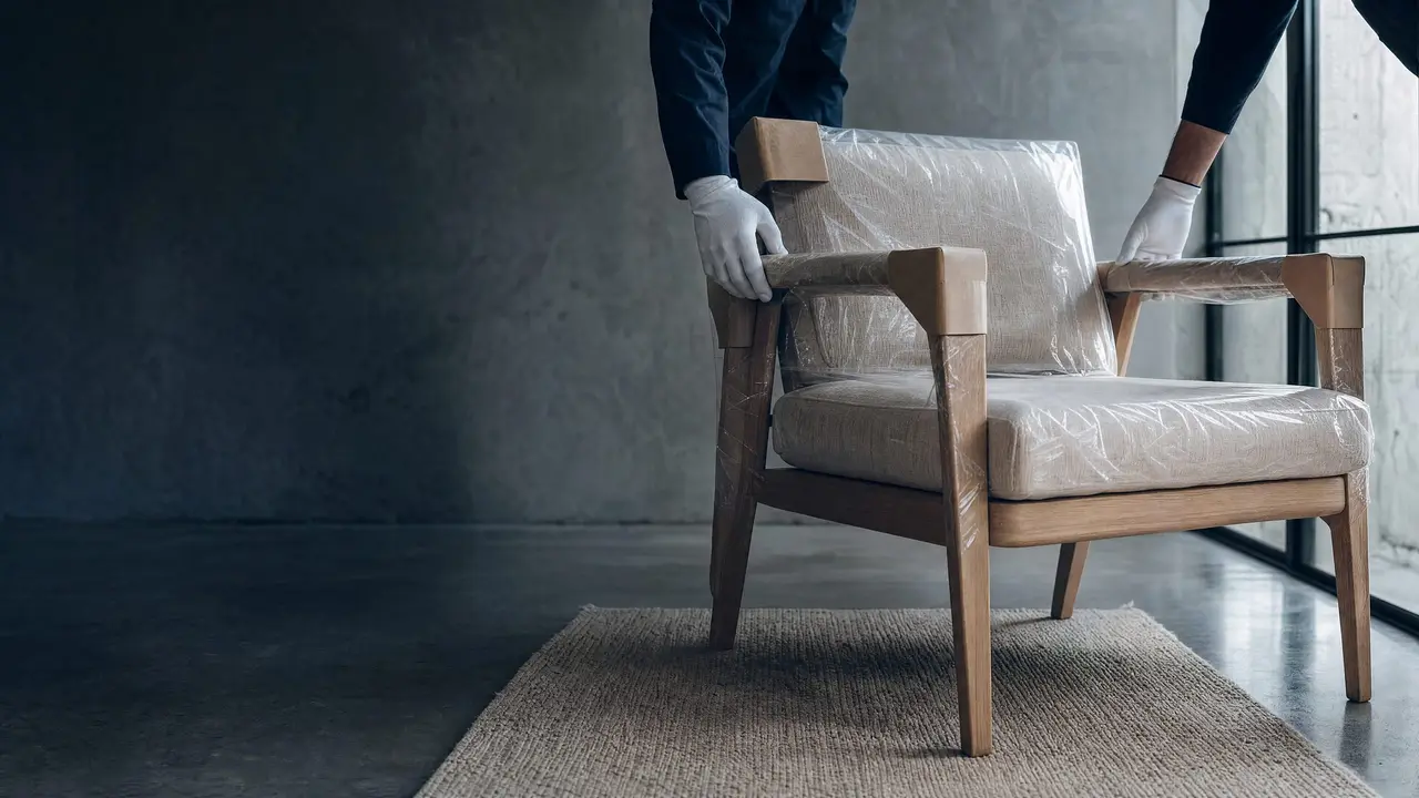 Two pairs of white-gloved hands set a film-wrapped lounge chair onto a rug in a pale, newly finished room.