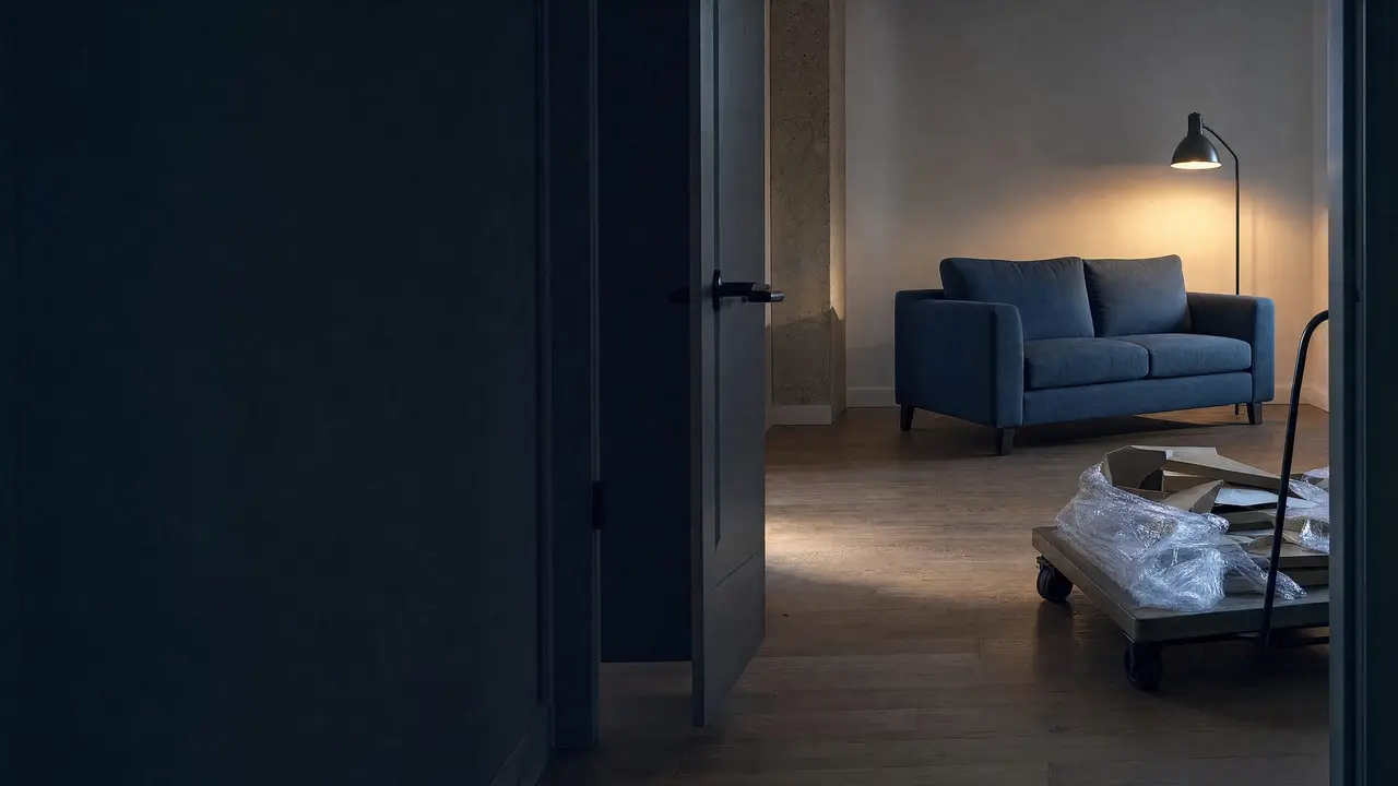 A sofa placed in a sparse loft at dusk, seen from the doorway, its packaging gathered on a cart.
